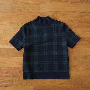 Pendleton Plaid Knit Top Womens Blue Green Mock Neck Short Sleeve Vintage S 2180
